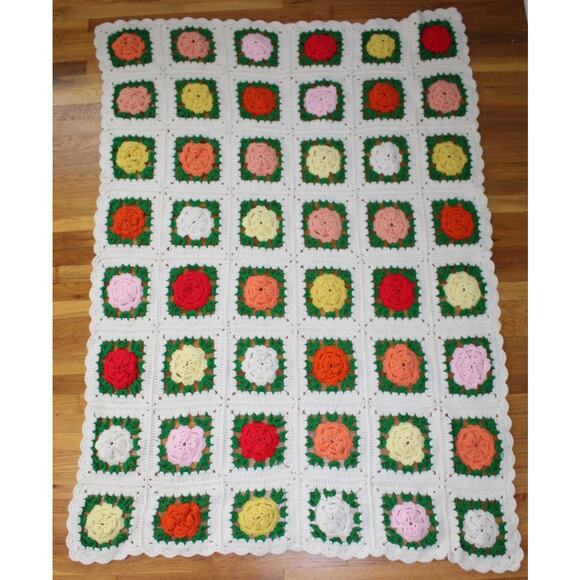 VTG Handmade 3D Crochet Multicolor Rose Flowers Granny Square Afghan 51”x66” - Picture 2 of 11